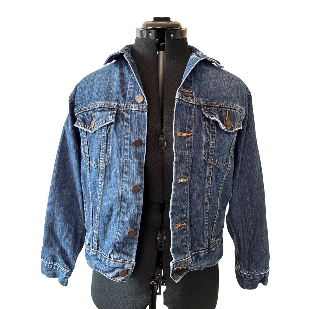Levi Strauss Signature Womens Denim Trucker Jacket Dark Wash Blue Size M Cropped
